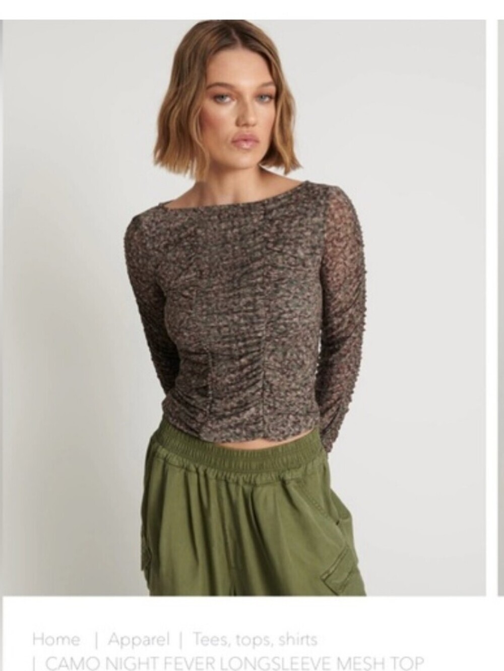 One Teaspoon Long-Sleeve Ruched Camouflage Print Night Fever Top XXS